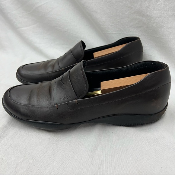 Authentic PRADA Driving Penny Loafers US Size 11 Brown Leather Rubber Soles - Picture 6 of 14